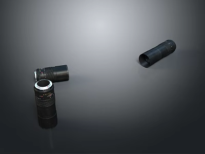 Three Black Cylindrical Camera Lens Parts Isolated On Dark Background 3d model