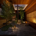 Japanese Style Teahouse Courtyard Night View With Wooden Structure Red Maple Tree And Stone Path