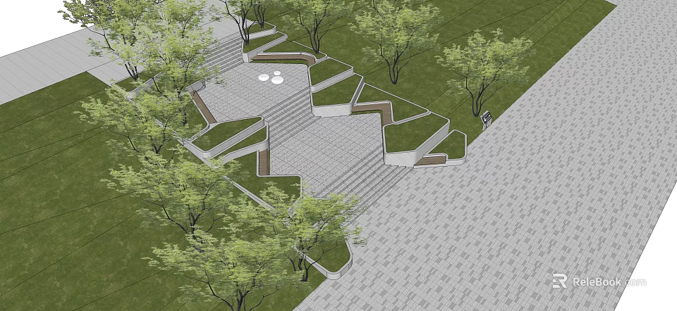 Modern Stairs in Open Park With Green Lawn Trees and Stone Pavement 3d model 
