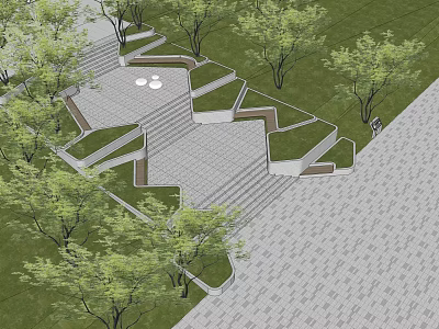 Modern Stairs in Open Park With Green Lawn Trees and Stone Pavement 3d model