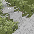 Modern Stairs in Open Park With Green Lawn Trees and Stone Pavement