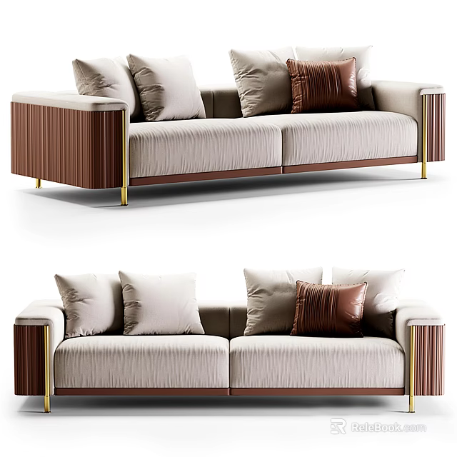 Elegant Modern Two Seater Sofa With Beige Fabric Brown Cushions And Metal Legs 3d model 