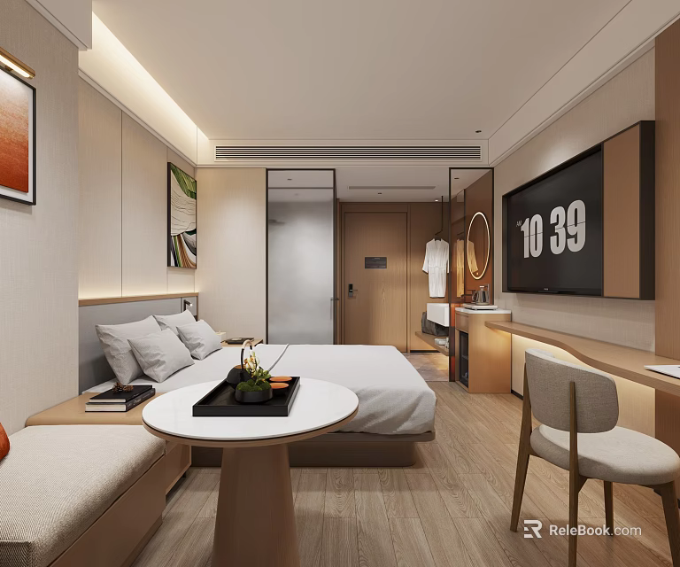 Modern Hotel Room Interior With Comfortable Bed TV Table And Wall Paintings 3d model 