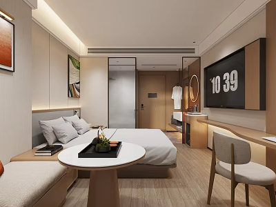 Modern Hotel Room Interior With Comfortable Bed TV Table And Wall Paintings 3d model