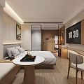 Modern Hotel Room Interior With Comfortable Bed TV Table And Wall Paintings
