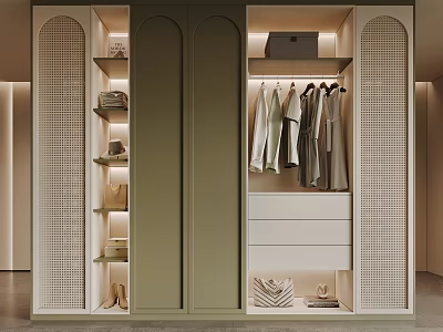 Modern Olive Green Wardrobe with Perforated Panels Hanging Area Drawers and Open Shelves 3d model