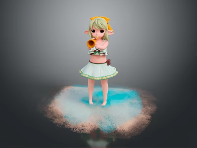 Elf Girl With Yellow Headband In White Green Dress Holding Sunflower On Blue Cloud Platform 3d model