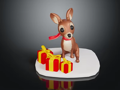 Cute Deer Figurine With Red Scarf Standing By Colorful Gift Boxes On White Platform 3d model
