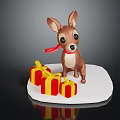 Cute Deer Figurine With Red Scarf Standing By Colorful Gift Boxes On White Platform