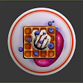 Waffle With Ice Cream Drizzled Sauce And Fresh Blueberries On White Plate Red Stripes
