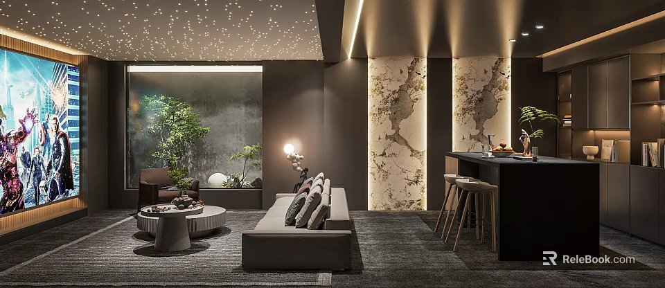 Modern Home Theater Interior Design With Starry Ceiling Comfortable Sofa And Ambient Lighting 3d model