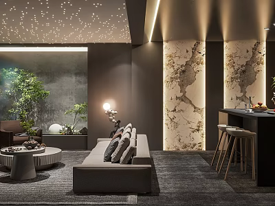 Modern Home Theater Interior Design With Starry Ceiling Comfortable Sofa And Ambient Lighting 3d model