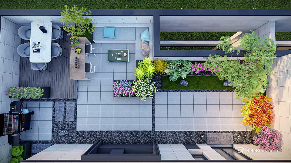Rooftop Garden Design With Colorful Flowers Greenery Seating And Tile Paving 3d model 