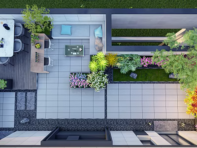 Rooftop Garden Design With Colorful Flowers Greenery Seating And Tile Paving 3d model