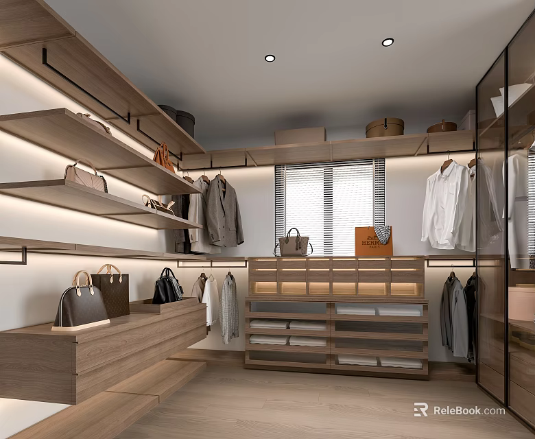 Modern Walk in Closet With Wooden Storage Clothes And Bags 3d model 