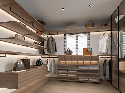 Modern Walk in Closet With Wooden Storage Clothes And Bags 3d model