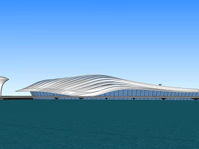 Modern Architectural Structure Featuring Wavy Roof And Glass Curtain Wall By Waterfront With Blue Sky 3d model