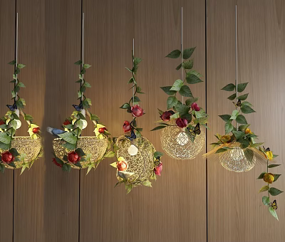Stylish Hanging Decorative Lights with Green Leaves Red Yellow Flowers and Butterflies 3d model