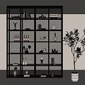 Modern Open Shelf Wine Cabinet With Wine Bottles Glassware And Potted Green Plant
