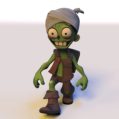 Green Skinned Zombie Game Movie Character Featuring Bandaged Head Large Eyes Tattered Clothes And Backpack 3d model