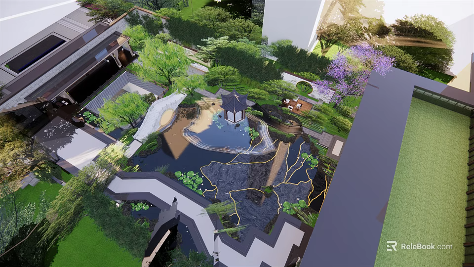 Serene Courtyard Garden Design With Pond Pavilion Stone Pathway And Lush Green Plants 3d model 