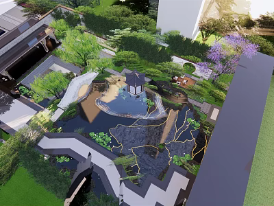 Serene Courtyard Garden Design With Pond Pavilion Stone Pathway And Lush Green Plants 3d model