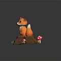 Cute Cartoon Fox Sitting On Tree Stump With Red Mushrooms And Green Grass
