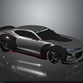 Sleek Silver Sports Car With Black Accents Red Side Stripe Rear Spoiler And Large Wheels