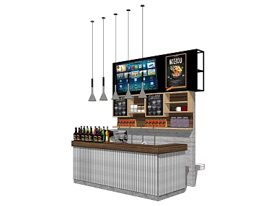 Modern Reception Desk Interior Design With Hanging Pendant Lights Digital Screens And Wooden Countertop 3d model