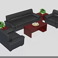 Black Leather Sofa and Coffee Table Set with Red Table Tray Cups Side Tables Plants 3d model