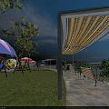 Relaxing Garden Landscape with Green Grass Trees Wooden Pergola Benches Swings and Colorful Umbrellas