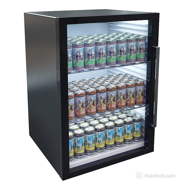 Black Glass Door Kitchen Cooler With Multiple Shelves Stocked With Canned Drinks 3d model 