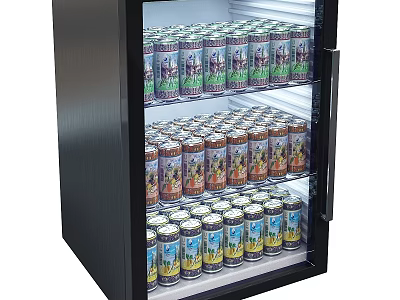 Black Glass Door Kitchen Cooler With Multiple Shelves Stocked With Canned Drinks 3d model