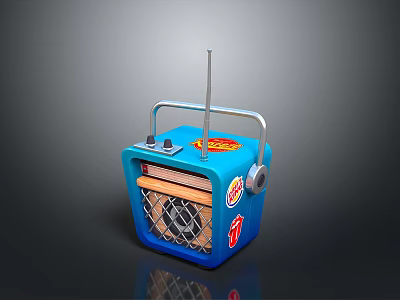 Vintage Blue Radio With Antenna Knobs Grille And Decorative Stickers 3d model