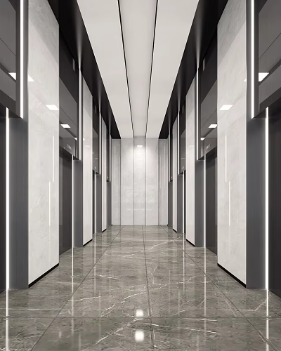 Modern Sleek Elevator Hallway Interior With Polished Marble Floor And Recessed Lighting 3d model