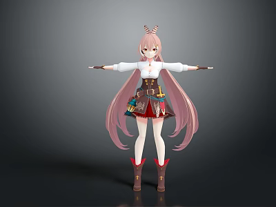 Anime Style Character With Pink Long Hair Horns White Top And Colorful Skirt Arms Outstretched 3d model