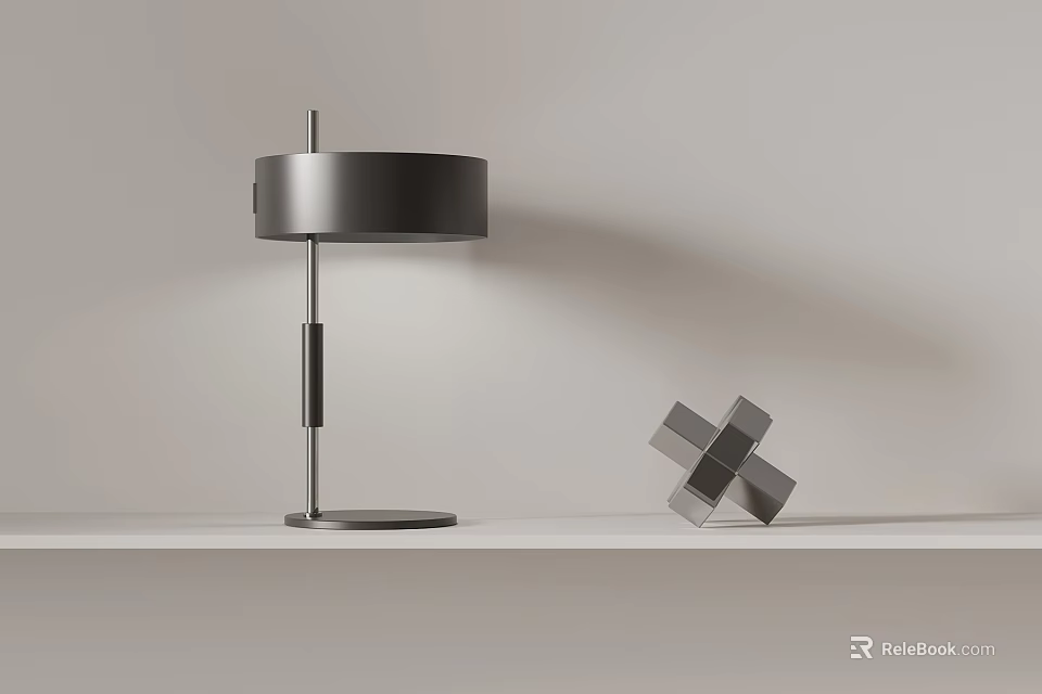 Modern Table Lamp With Round Shade Metal Base And Geometric Decor On White Shelf 3d model 