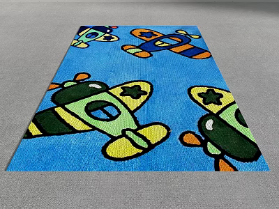 Blue Square Carpet With Colorful Airplane And Star Patterns For Kids Room 3d model