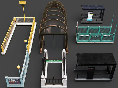 Public Scene Components Display With Bus Shelters Railings Entrance Gates And Platform Canopies 3d model