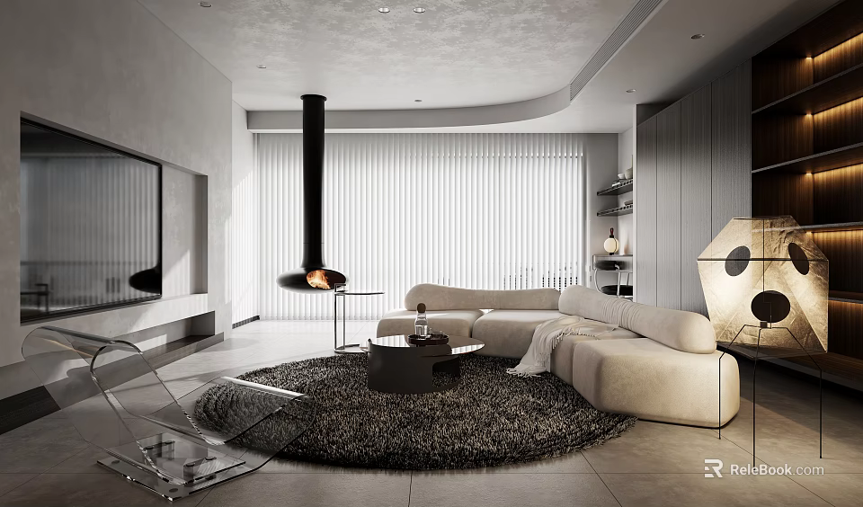 Modern Living Dining Area With Round Rug Fireplace And Sofa Set Interior 3d model 