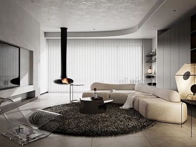 Modern Living Dining Area With Round Rug Fireplace And Sofa Set Interior 3d model