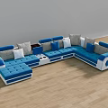 Blue L shaped Sofa and Coffee Table Set with Gray and White Pillows Modern Design 3d model