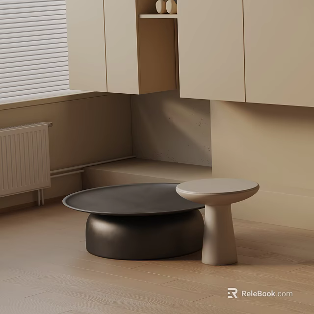 Modern Sofa and Coffee Table Set with Black Light Gray Round Tables Beige Cabinets Blinds 3d model 