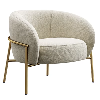 Light Beige Upholstered Accent Chair With Curved Back And Gold Metal Legs 3d model
