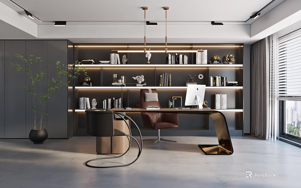 Modern Study Room Interior Design With Open Bookshelves Computer Desk And Pendant Lighting 3d model