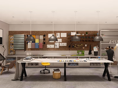 Modern Public Office Space With Open Layout Desks Ergonomic Chairs And Pendant Lights 3d model