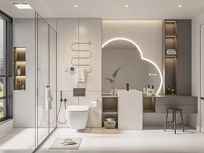 Modern Bathroom Interior With Glass Shower Enclosure Circular Mirror Vanity Shelves And Potted Plant 3d model
