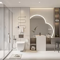Modern Bathroom Interior With Glass Shower Enclosure Circular Mirror Vanity Shelves And Potted Plant