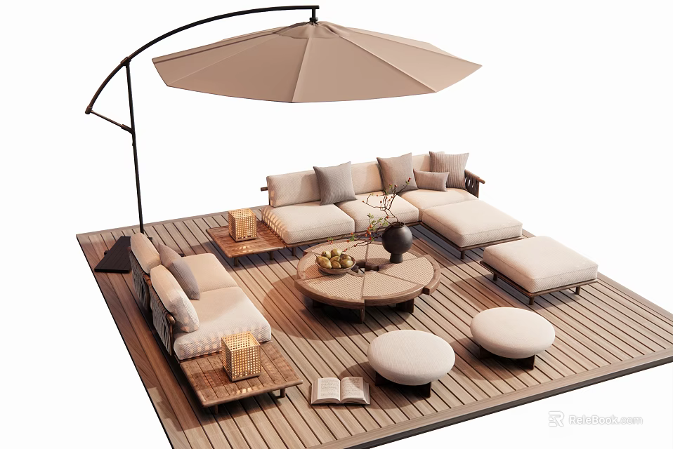 Outdoor Sofa on Wooden Deck with Umbrella Coffee Table Cushions and Stools 3d model 