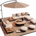 Outdoor Sofa on Wooden Deck with Umbrella Coffee Table Cushions and Stools